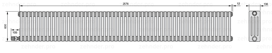 Схема (чертеж) Радиатор Zehnder Charleston 4060/56 №V003 Белый глянцевый RAL 9016